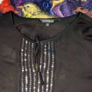 Express fancy black sheer sequined tie collar shirt, size XS